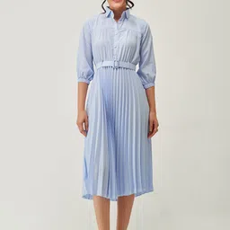 AASK Accordion Pleated Belted Shirt Midi Dress-image-36