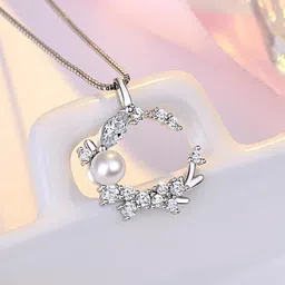 Jewels Galaxy Silver-Plated AD-Studded Moon Shaped Pendant With Chain-picture-3