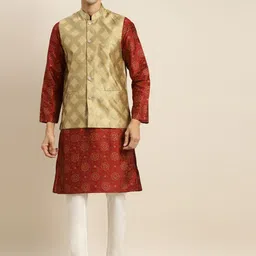 SOJANYA Men Maroon Ethnic Motifs Printed Kurta & Churidar Comes with a Nehru Jacket-picture-36