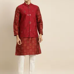 SOJANYA Men Maroon Ethnic Motifs Printed Kurta & Churidar Comes with a Nehru Jacket-picture-30
