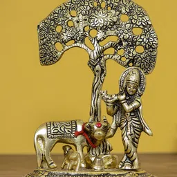 eCraftIndia Gold & Brown Lord Krishna Playing Flute Under Tree With Cow & Calf Showpiece-2