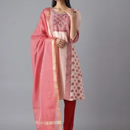 AURELIA Women Pink Ethnic Motifs Printed Kurta with Trousers & With Dupatta-image-75