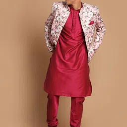VASTRAMAY Men Fuchsia Floral Yoke Design Kurta with Churidar-39