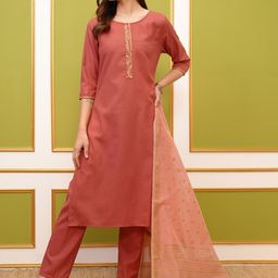 Vishudh Coral Round Neck Embroidery Straight Kurta & Palazzos With Dupatta-picture-37