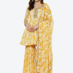 Biba Women Yellow Floral Printed Pleated Thread Work Kurti with Sharara & With Dupatta-picture-11