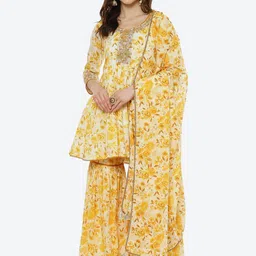 Biba Women Yellow Floral Printed Pleated Thread Work Kurti with Sharara & With Dupatta-12