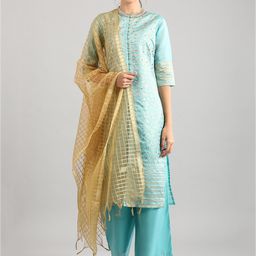 AURELIA Women Turquoise Blue Ethnic Motifs Sequinned Kurta with Palazzos & Dupatta-picture-13