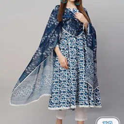 KALINI Floral Printed Round Neck Anarkali Kurta With Trousers & Dupatta-picture-26