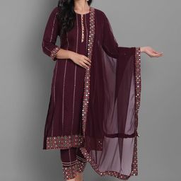 KALINI Bandhani Printed Mirror Work Regular Kurta With Trousers & Dupatta-image-95