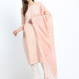 Vishudh Women Peach-Coloured Ethnic Motifs Printed Kurta with Trousers & With Dupatta-image-42