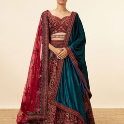 MOHEY Embroidered Velvet Semi-Stitched Lehenga & Unstitched Blouse With Dupatta & Belt-image-98