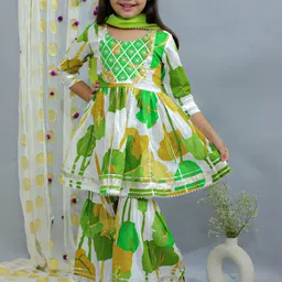 Ka-mee Girls Abstract Yoke Design Pure Cotton A Line Kurta With Sharara & Dupatta-image-32