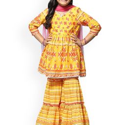 Biba Girls Floral Printed Empire Gotta Patti Kurti With Sharara & Dupatta-picture-49