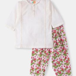 THE BABY LABEL Girls White & Pink Pure Cotton Kurta with Hand Block Print Salwar-image-117