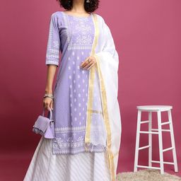 Vishudh Mauve Ethnic Motifs Printed Round Neck Pure Cotton Kurta With Skirt & Dupatta-32