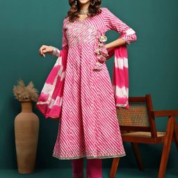 Sangria Leheriya Printed & Embroidered Pure Cotton Anarkali Kurta With Trouser & Dupatta-3