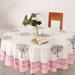 HANDICRAFT PALACE Green Floral Printed Cotton 4 Seater Round Table Cover With Napkin Set-49