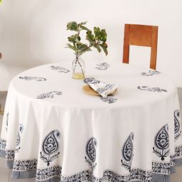 HANDICRAFT PALACE Blue Floral Printed Cotton 8 Seater Round Table Cover With Napkin Set-picture-36