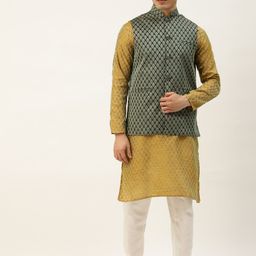 SOJANYA Men Olive Brown & Green Jacquard Ethnic Motifs Straight Kurta with Churidar-44
