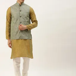 SOJANYA Men Mustard Brown & Teal Green Jacquard Ethnic Motifs Straight Kurta with Churidar-image-71