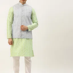 SOJANYA Men Grey & Green Ethnic Motifs Embroidered Kurta with Churidar-image-78