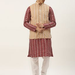SOJANYA Men Maroon Ethnic Motifs Embroidered Thread Work Kurta with Churidar-30