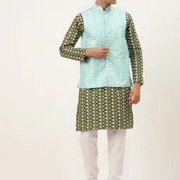 SOJANYA Men Green Ethnic Motifs Embroidered Thread Work Kurta with Churidar-picture-10