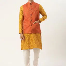SOJANYA Men Mustard Yellow Ethnic Motifs Jacquard Kurta with Churidar & Nehru Jacket-picture-39