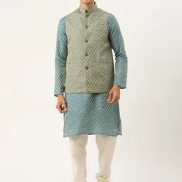 SOJANYA Men Teal Blue & Green Ethnic Motifs Kurta with Churidar & Nehru Jacket-41