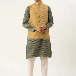 SOJANYA Men Green & Mustard Yellow Ethnic Motifs Kurta with Churidar & Nehru Jacket-11