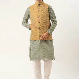 SOJANYA Men Green & Mustard Yellow Ethnic Motifs Kurta with Churidar & Nehru Jacket-image-93