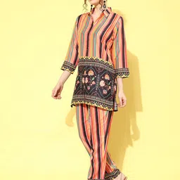 Anouk Orange Striped Shirt Collar Tunic & Trousers-picture-51