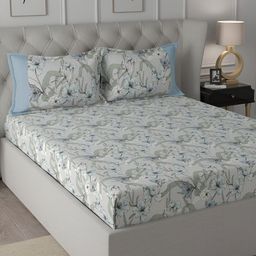 MASPAR Backyard Patio Blue Floral-Printed 200TC Cotton Single Bedsheet & 2 Pillow Cover-image-98
