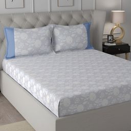MASPAR Blue Floral Printed 200TC Cotton Single Bedsheet With 2 Pillow Cover-image-53