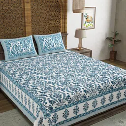 Sangria White & Blue Floral Printed Cotton 210 TC King Bedsheet With 2 Pillow Covers-image-54
