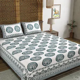 Sangria Grey & White Printed Cotton 210TC Double King Bedsheet With 2 Pillow Covers-image-74