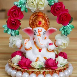 eCraftIndia Red & White Handcrafted Lord Ganesha Idol On Plate With Throne Of Flowers-35