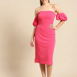 DODO & MOA Fuchsia Solid Off-Shoulder Scuba Sheath Dress-image-97