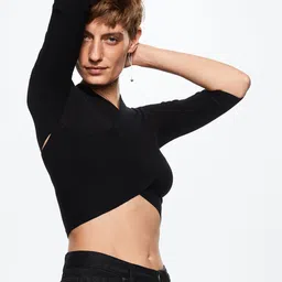 MANGO Women Black Crop V-Neck Wrap Style Crop Pullover-image-43
