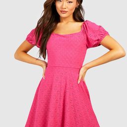 Boohoo Schiffli Embroidered Puff Sleeve Skater Dress-image-4