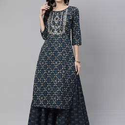 Divena Women Navy Blue Floral Embroidered Pure Cotton Kurta with Palazzos-picture-26