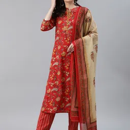 AHIKA Women Red & Beige Printed Pure Cotton Kurta with Trousers & Dupatta-15