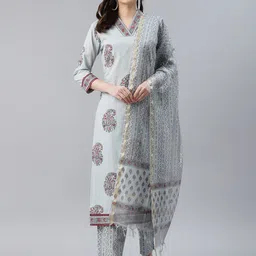AHIKA Women Blue & Grey Printed Pure Cotton Kurta with Trousers & Dupatta-3
