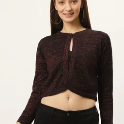 Style Quotient Women Black & Red Shimmered Crop Button Shrug-48
