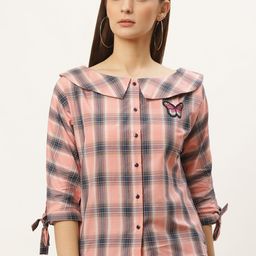Style Quotient Women Peach-Coloured Checked Pure Cotton Top-image-28
