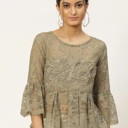 WoowZerz Women Olive Green Sheer Floral Bell Sleeves Net Top-picture-19