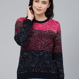 Cayman Women Navy Blue & Maroon Colourblocked Pullover Acrylic Sweater-image-26