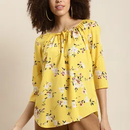 Qurvii Yellow & White Floral Tie-Up Neck Crepe Regular Top-image-56