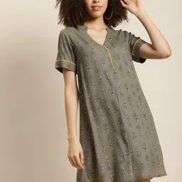 Qurvii Green & Yellow Floral Crepe A-Line Dress-image-15