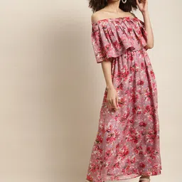 Qurvii Peach-Coloured & Red Floral Off-Shoulder Crepe A-Line Maxi Dress-6